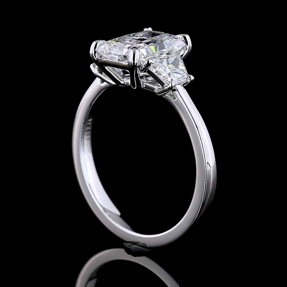 14K White Gold Three Stone Ring with 2.03 Carat Radiant Cut Lab Diamond and Half-Moon Side Stones - 2.77 Carat Total Diamond Weight - Covaloro Fine Jewelry