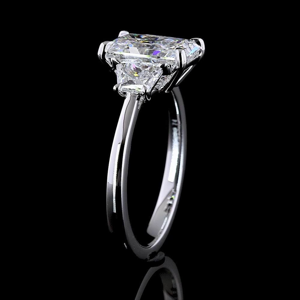 14K White Gold Three Stone Ring with 2.03 Carat Radiant Cut Lab Diamond and Half-Moon Side Stones - 2.77 Carat Total Diamond Weight - Covaloro Fine Jewelry