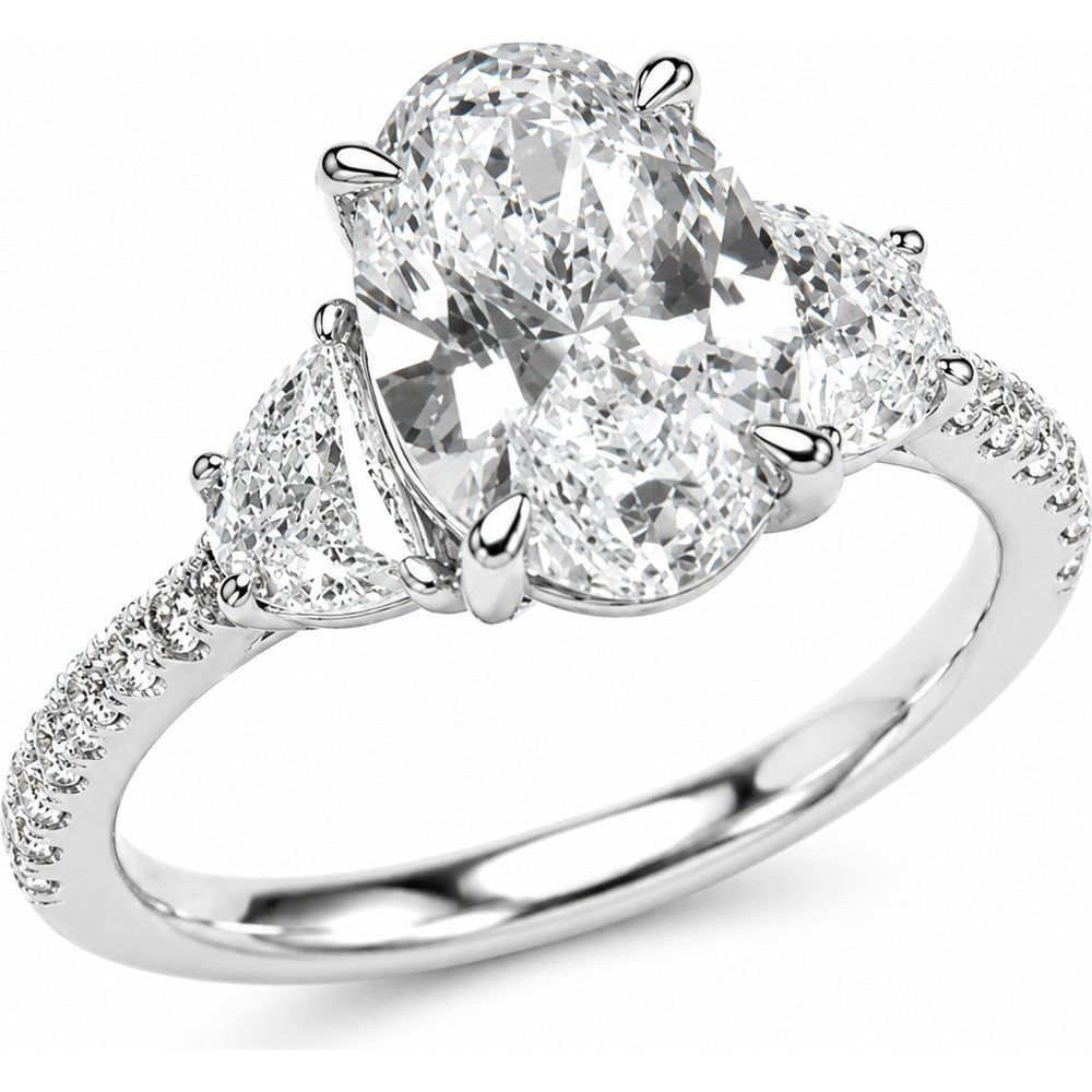 14K White Gold Three-Stone Ring with 2.04 Carat Oval Center Diamond, Trilliant-Style Side Diamonds and Pavé Band - 4.93 Carat Total Diamond Weight by Auriventus