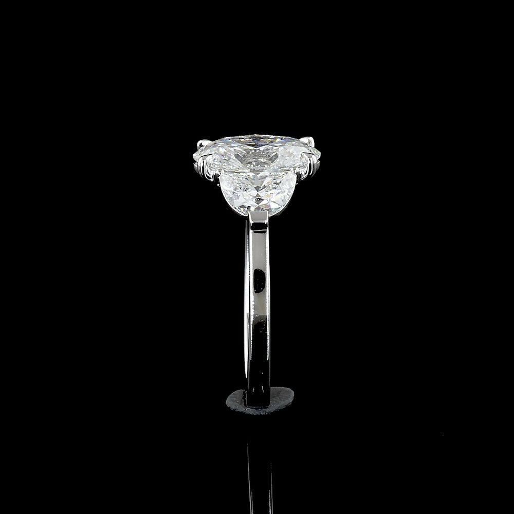 14K White Gold Three Stone Ring with 2.14 Carat Oval Lab Diamond and Half-Moon Side Diamonds (Total 2.94 Carats) - GIA Certified E VS1 - Covaloro Fine Jewelry