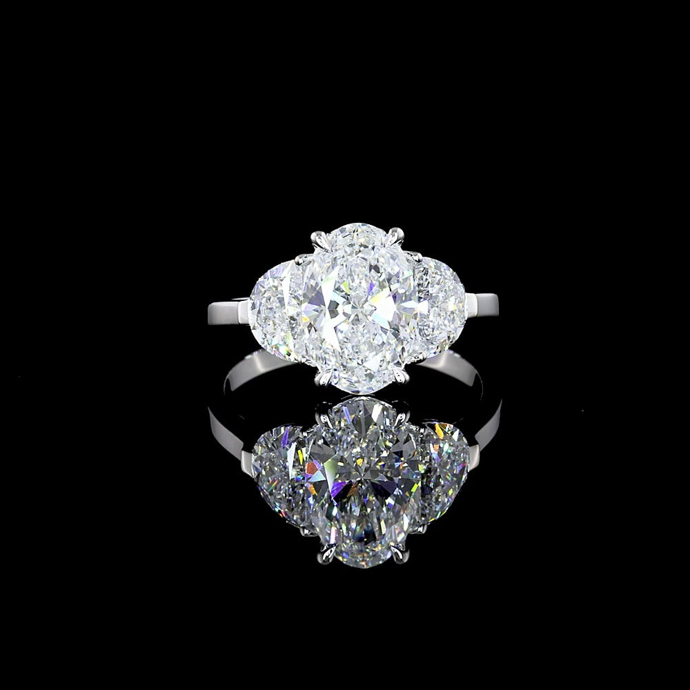 14K White Gold Three Stone Ring with 2.14 Carat Oval Lab Diamond and Half-Moon Side Diamonds (Total 2.94 Carats) - GIA Certified E VS1 - Covaloro Fine Jewelry