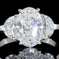 14K White Gold Three Stone Ring with 2.14 Carat Oval Lab Diamond and Half-Moon Side Diamonds (Total 2.94 Carats) - GIA Certified E VS1 - Covaloro Fine Jewelry