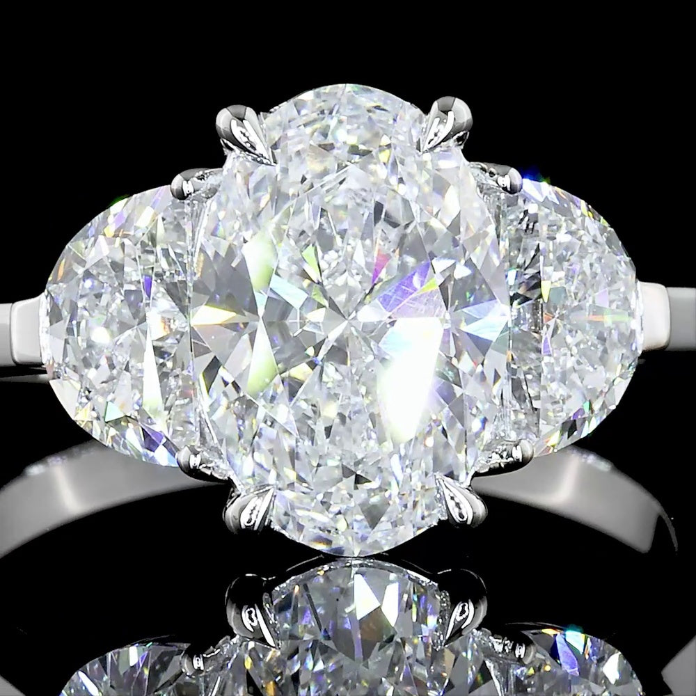 14K White Gold Three Stone Ring with 2.14 Carat Oval Lab Diamond and Half-Moon Side Diamonds (Total 2.94 Carats) - GIA Certified E VS1 - Covaloro Fine Jewelry