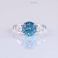 14K White Gold Three-Stone Ring with 2.28 Carat Round Fancy Vivid Blue Lab Diamond and 0.65 Carat Pear Shape White Diamonds - 2.93 Carat Total Weight - Covaloro Fine Jewelry