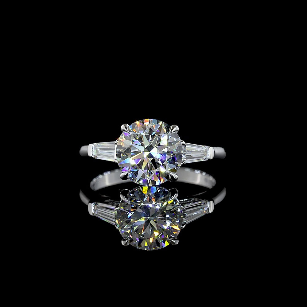 14K White Gold Three Stone Ring with 2.50 Carat Round Brilliant Cut Lab Diamond and Baguette Side Stones - 2.98 Carat Total Diamond Weight - Covaloro Fine Jewelry