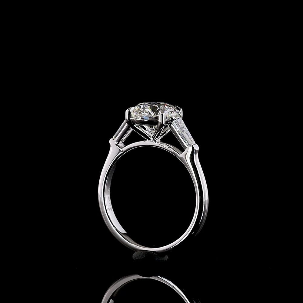 14K White Gold Three Stone Ring with 2.50 Carat Round Brilliant Cut Lab Diamond and Baguette Side Stones - 2.98 Carat Total Diamond Weight - Covaloro Fine Jewelry