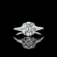 14K White Gold Three-Stone Ring with 2.51 Carat Round Brilliant Cut Lab Diamond and Tapered Baguette Side Stones - 2.88 Carat Total Diamond Weight, IGI Certified E VS1 - Covaloro Fine Jewelry