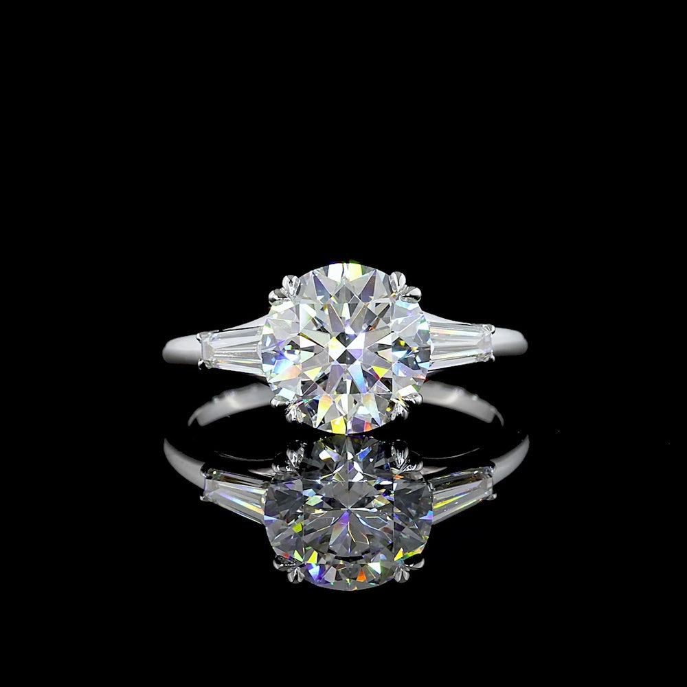 14K White Gold Three-Stone Ring with 2.51 Carat Round Brilliant Cut Lab Diamond and Tapered Baguette Side Stones - 2.88 Carat Total Diamond Weight, IGI Certified E VS1 - Covaloro Fine Jewelry
