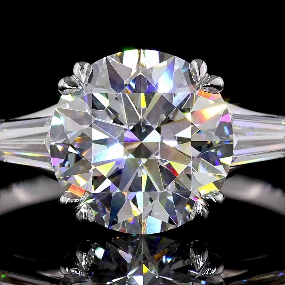 14K White Gold Three-Stone Ring with 2.51 Carat Round Brilliant Cut Lab Diamond and Tapered Baguette Side Stones - 2.88 Carat Total Diamond Weight, IGI Certified E VS1 - Covaloro Fine Jewelry