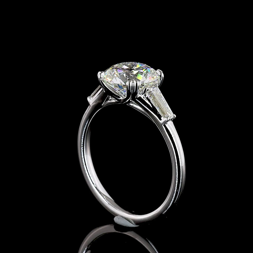 14K White Gold Three-Stone Ring with 2.51 Carat Round Brilliant Cut Lab Diamond and Tapered Baguette Side Stones - 2.88 Carat Total Diamond Weight, IGI Certified E VS1 - Covaloro Fine Jewelry