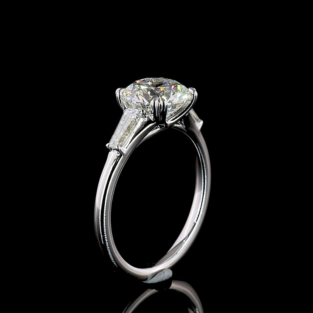 14K White Gold Three-Stone Ring with 2.51 Carat Round Brilliant Cut Lab Diamond and Tapered Baguette Side Stones - 2.88 Carat Total Diamond Weight, IGI Certified E VS1 - Covaloro Fine Jewelry