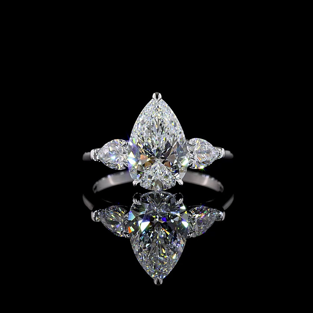 14K White Gold Three Stone Ring with 2.52 Carat Pear Shape Lab Diamond Center and Two Pear Side Diamonds - 3.19 Total Carat Weight - Covaloro Fine Jewelry