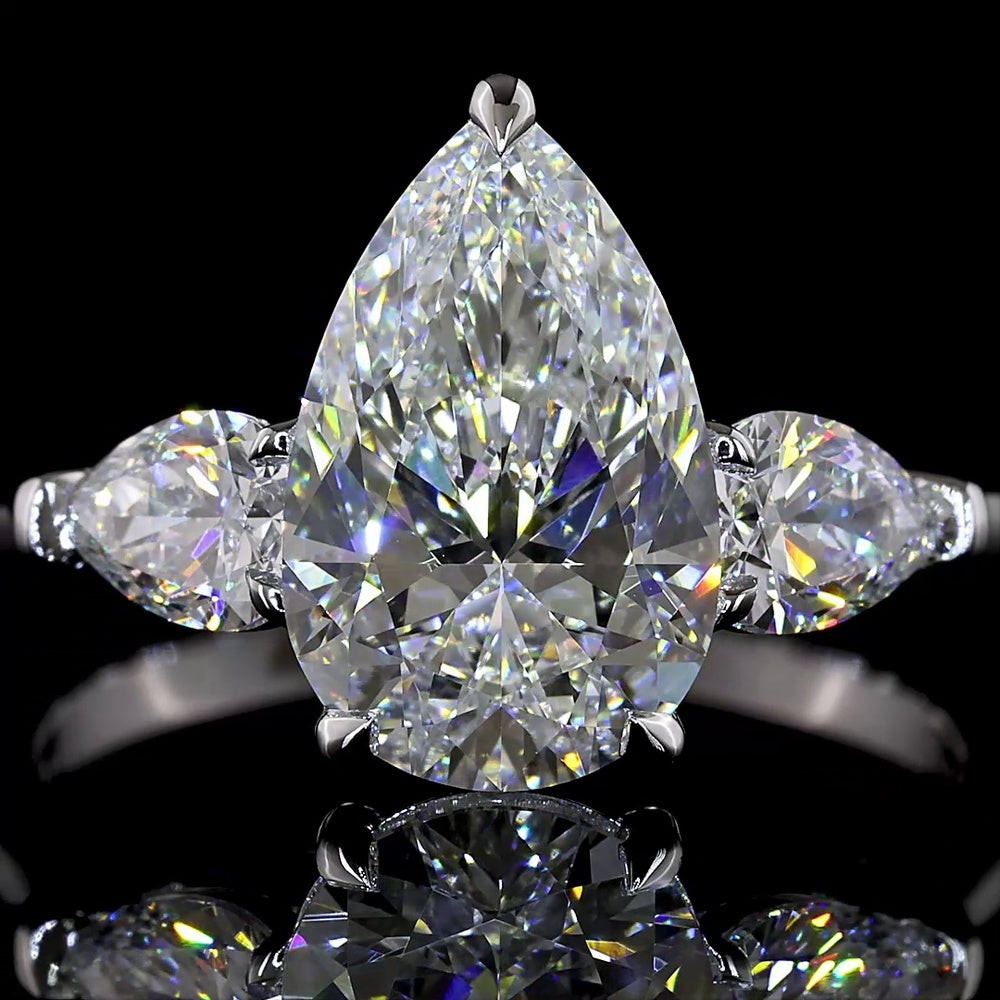 14K White Gold Three Stone Ring with 2.52 Carat Pear Shape Lab Diamond Center and Two Pear Side Diamonds - 3.19 Total Carat Weight - Covaloro Fine Jewelry