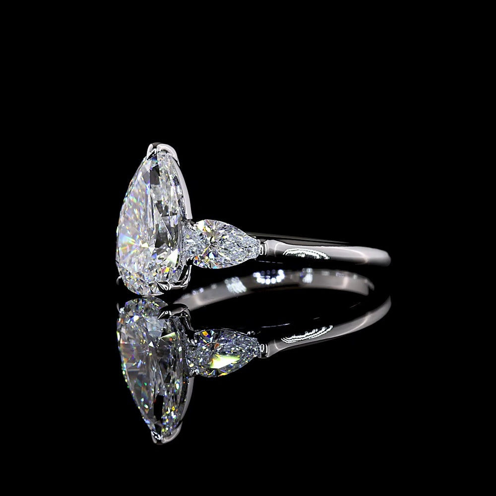 14K White Gold Three Stone Ring with 2.52 Carat Pear Shape Lab Diamond Center and Two Pear Side Diamonds - 3.19 Total Carat Weight - Covaloro Fine Jewelry