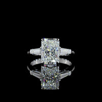 14K White Gold Three Stone Ring with 3.00 Carats Radiant Cut Lab Diamond and 0.55 Carats Tapered Baguette Side Stones - 3.55 Carats Total Diamond Weight - Covaloro Fine Jewelry