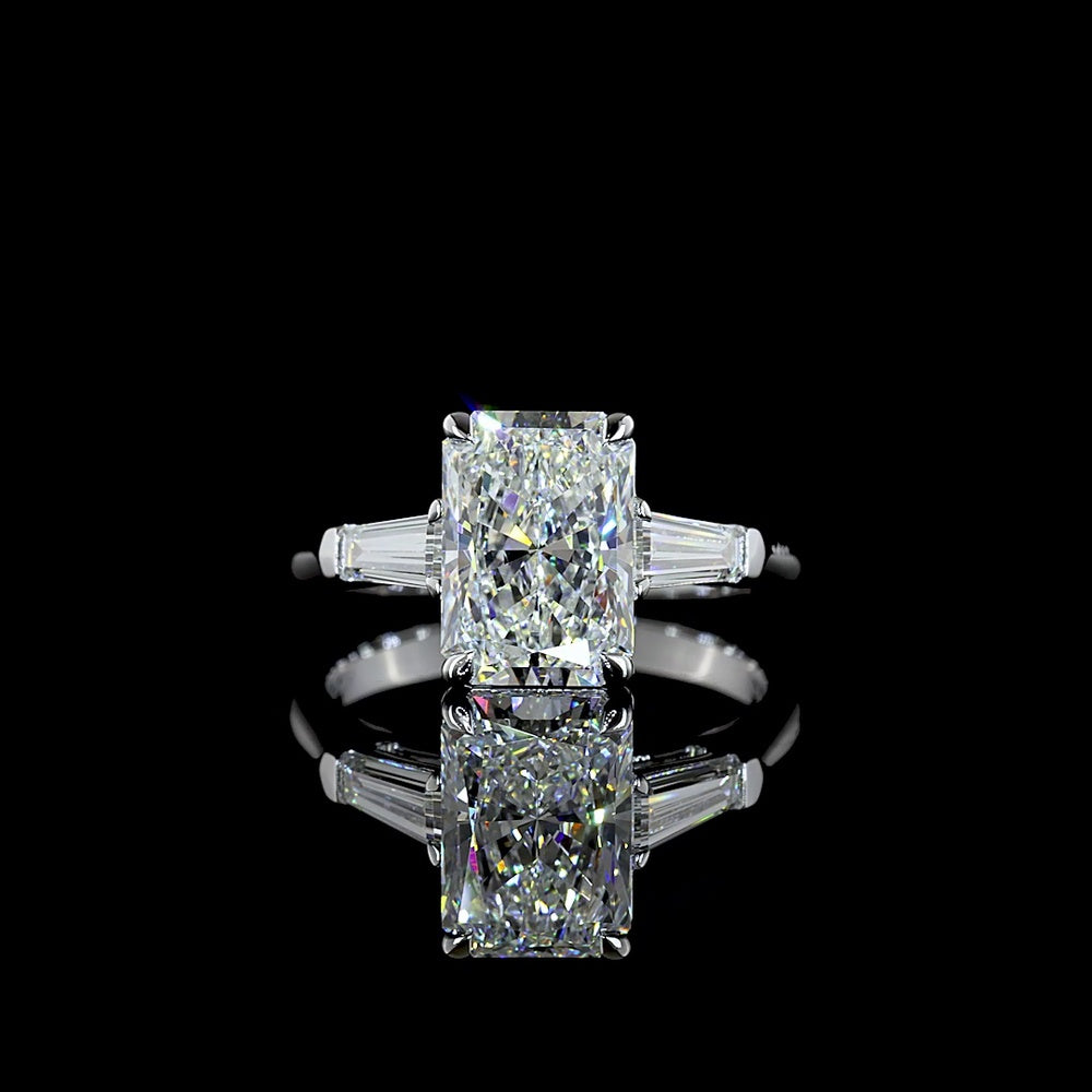 14K White Gold Three Stone Ring with 3.00 Carats Radiant Cut Lab Diamond and 0.55 Carats Tapered Baguette Side Stones - 3.55 Carats Total Diamond Weight - Covaloro Fine Jewelry