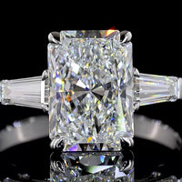 14K White Gold Three Stone Ring with 3.00 Carats Radiant Cut Lab Diamond and 0.55 Carats Tapered Baguette Side Stones - 3.55 Carats Total Diamond Weight - Covaloro Fine Jewelry