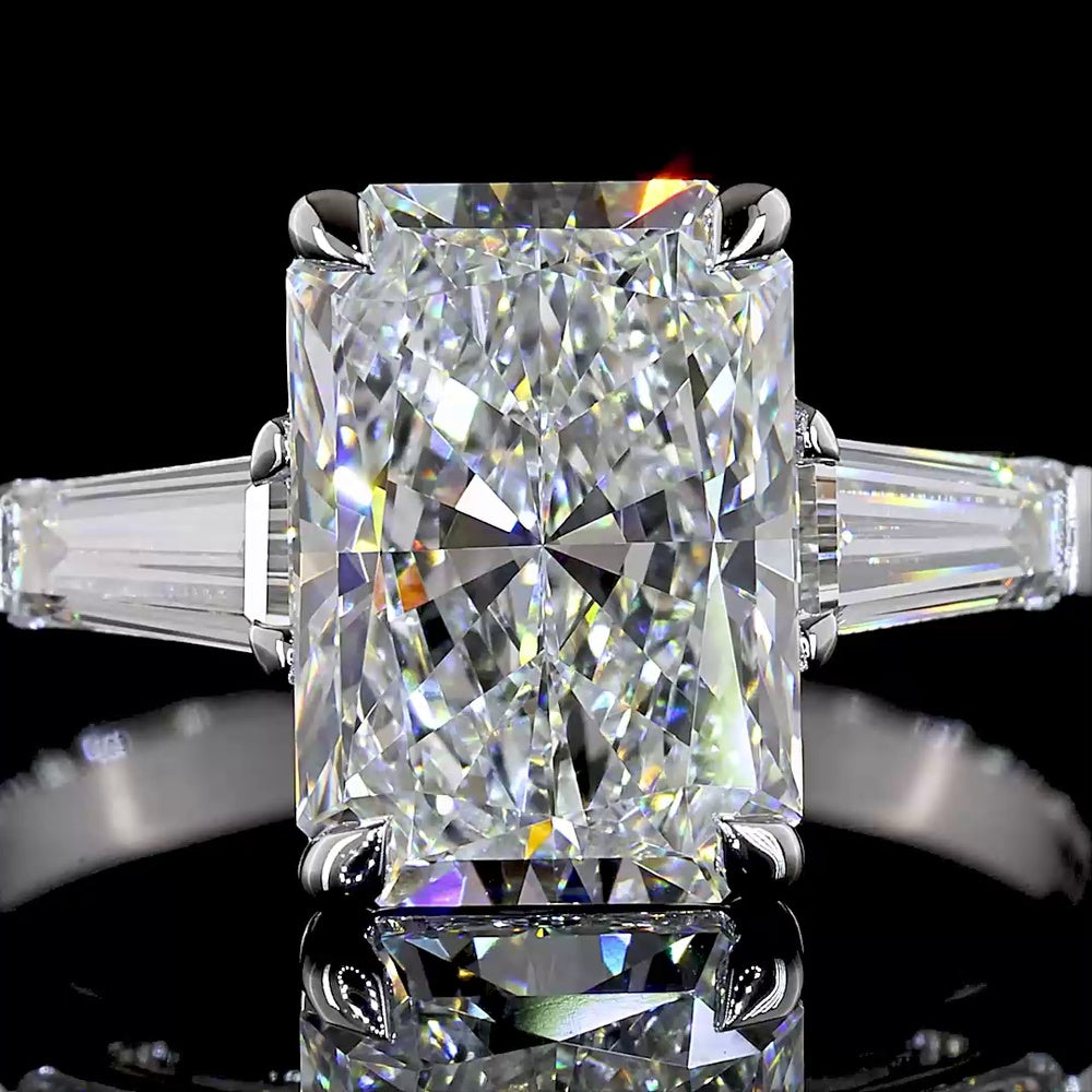 14K White Gold Three Stone Ring with 3.00 Carats Radiant Cut Lab Diamond and 0.55 Carats Tapered Baguette Side Stones - 3.55 Carats Total Diamond Weight - Covaloro Fine Jewelry