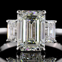 14K White Gold Three Stone Ring with 3.04 Carat Emerald Cut Lab Diamond and Two Side Stones - 4.06 Carat Total Diamond Weight - Covaloro Fine Jewelry