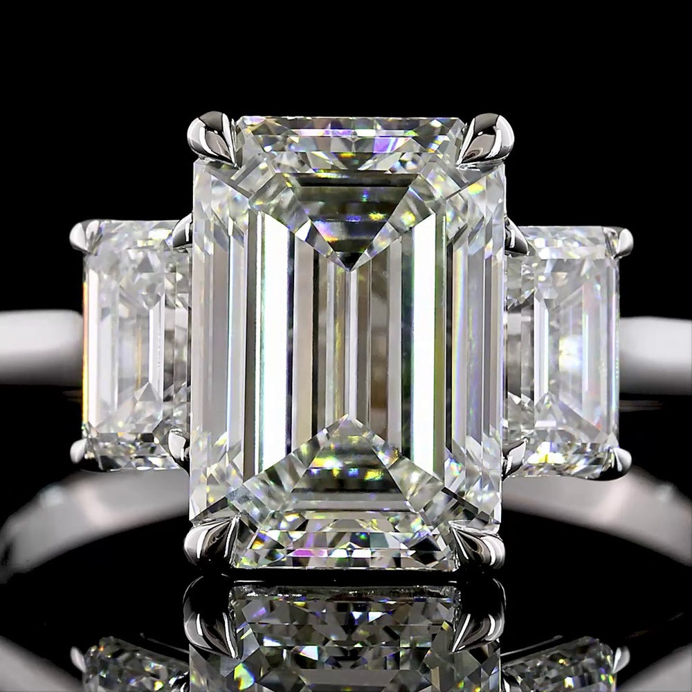 14K White Gold Three Stone Ring with 3.04 Carat Emerald Cut Lab Diamond and Two Side Stones - 4.06 Carat Total Diamond Weight - Covaloro Fine Jewelry