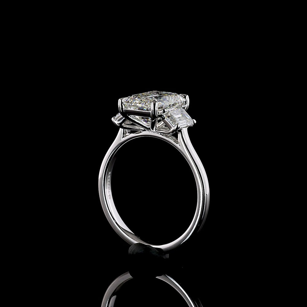14K White Gold Three Stone Ring with 3.04 Carat Emerald Cut Lab Diamond and Two Side Stones - 4.06 Carat Total Diamond Weight - Covaloro Fine Jewelry