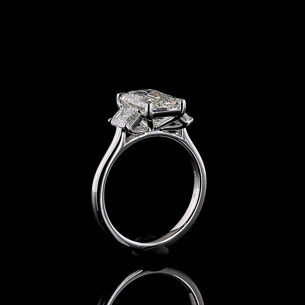 14K White Gold Three Stone Ring with 3.04 Carat Emerald Cut Lab Diamond and Two Side Stones - 4.06 Carat Total Diamond Weight - Covaloro Fine Jewelry