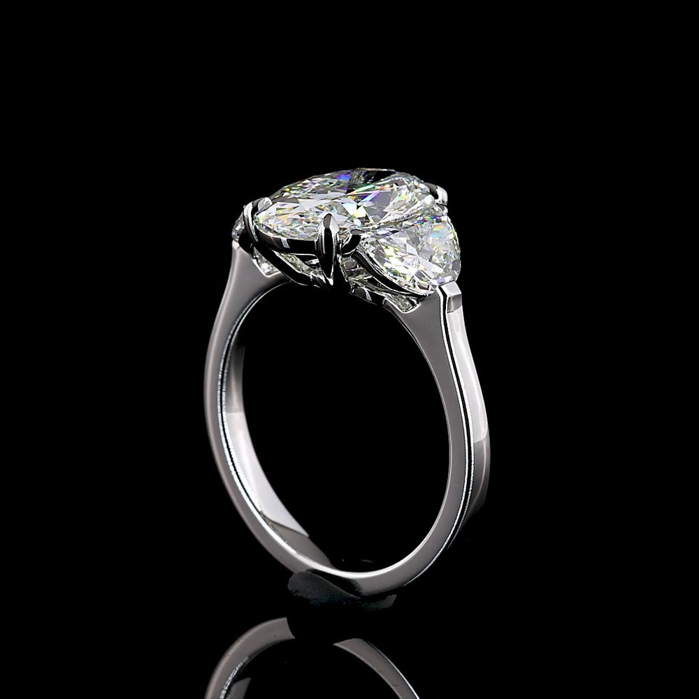 14K White Gold Three Stone Ring with 3.04 Carats Oval Cut Lab Diamond and 1.29 Carats Half-Moon Side Stones - 4.33 Carats Total Diamond Weight IGI Certified - Covaloro Fine Jewelry