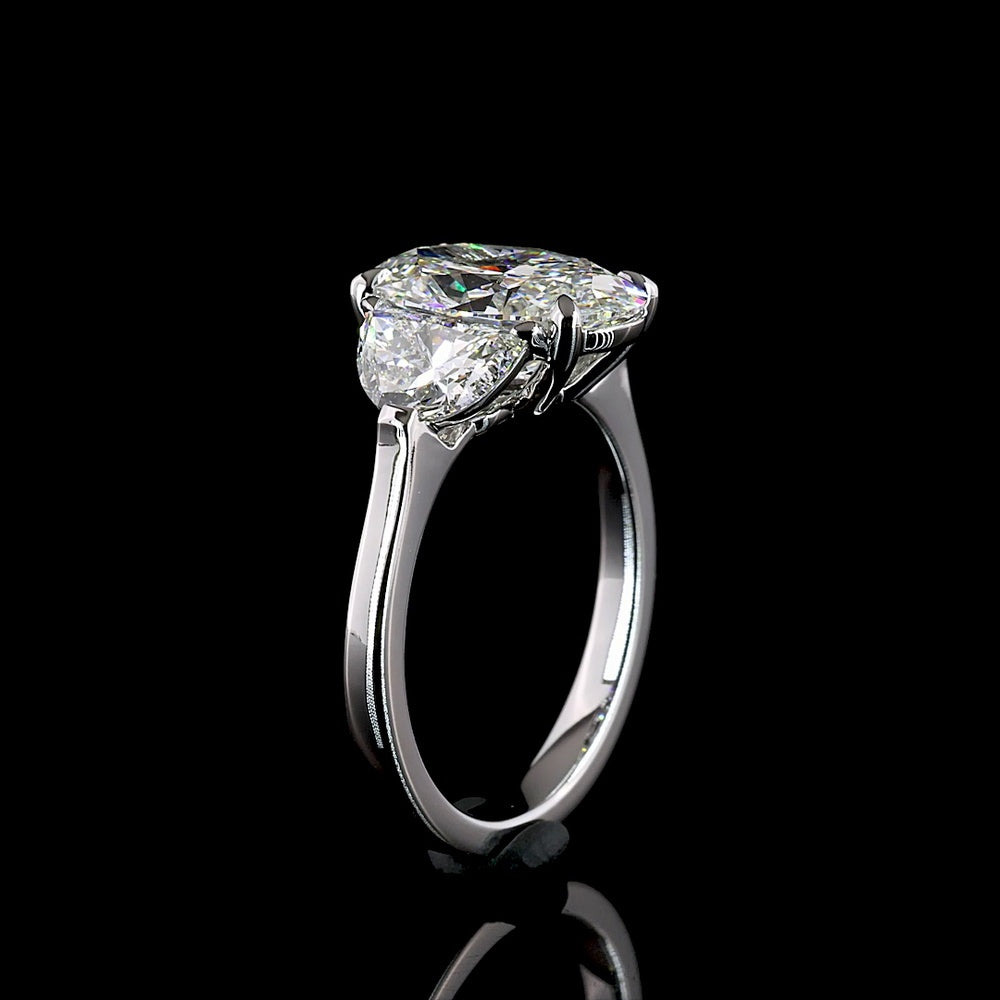 14K White Gold Three Stone Ring with 3.04 Carats Oval Cut Lab Diamond and 1.29 Carats Half-Moon Side Stones - 4.33 Carats Total Diamond Weight IGI Certified - Covaloro Fine Jewelry