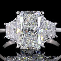 14K White Gold Three-Stone Ring with 3.10 Carat Radiant Cut Lab Diamond and Trapezoid Side Stones - 4.21 Carat Total Diamond Weight - Covaloro Fine Jewelry
