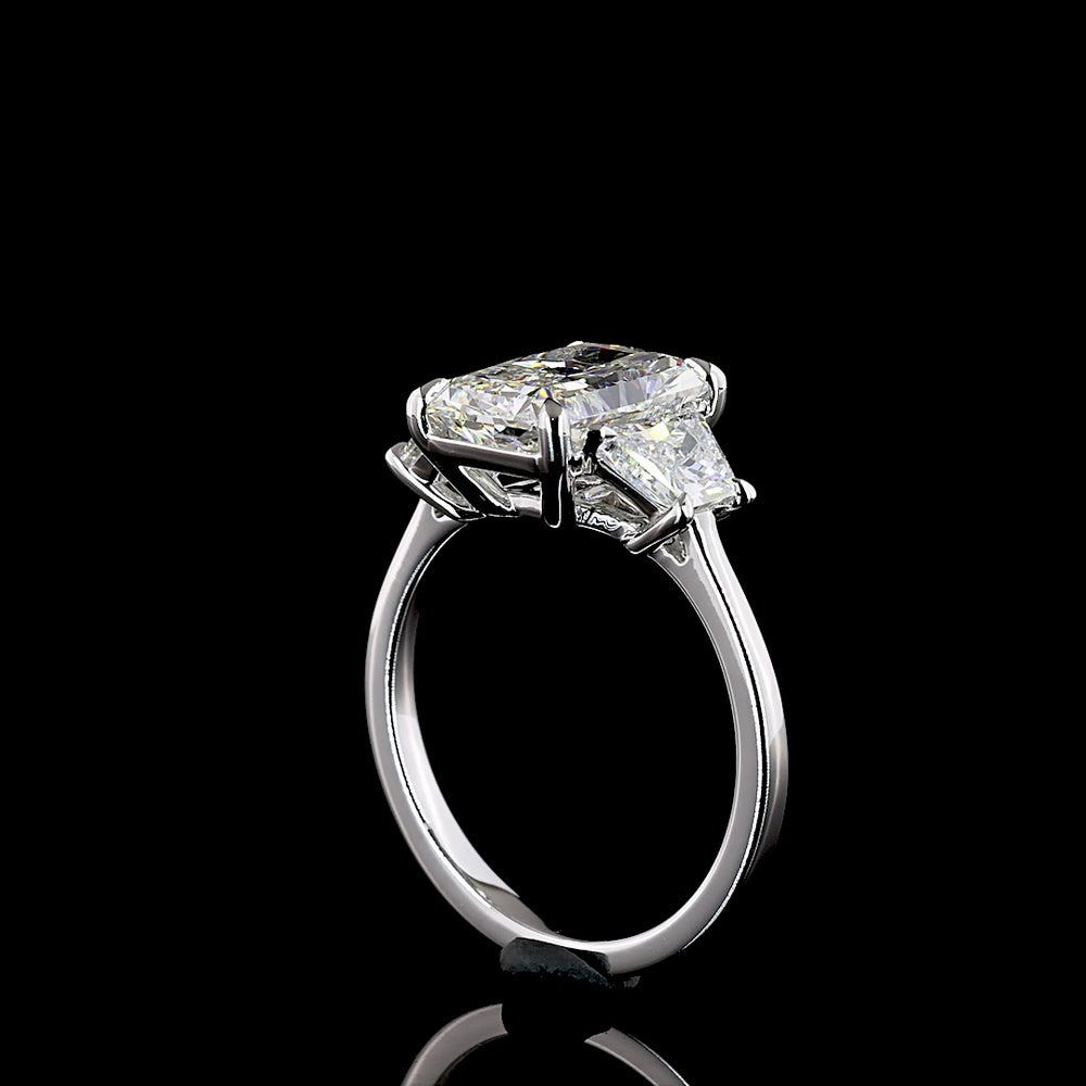 14K White Gold Three-Stone Ring with 3.13 Carat Radiant Cut Lab Diamond and Bullet Cut Side Stones - 4.19 Carat Total Weight - Covaloro Fine Jewelry