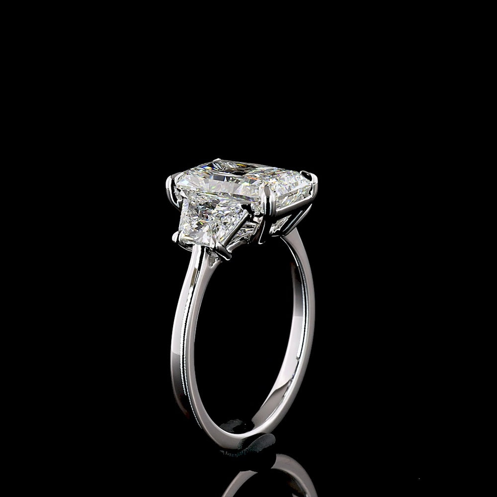 14K White Gold Three-Stone Ring with 3.13 Carat Radiant Cut Lab Diamond and Bullet Cut Side Stones - 4.19 Carat Total Weight - Covaloro Fine Jewelry