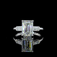 14K White Gold Three Stone Ring with 3.16 Carat Emerald Cut Lab Diamond and Baguette Side Stones - 3.77 Carat Total Diamond Weight - Covaloro Fine Jewelry