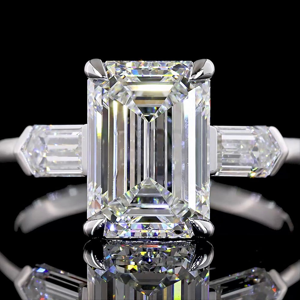 14K White Gold Three Stone Ring with 3.16 Carat Emerald Cut Lab Diamond and Baguette Side Stones - 3.77 Carat Total Diamond Weight - Covaloro Fine Jewelry