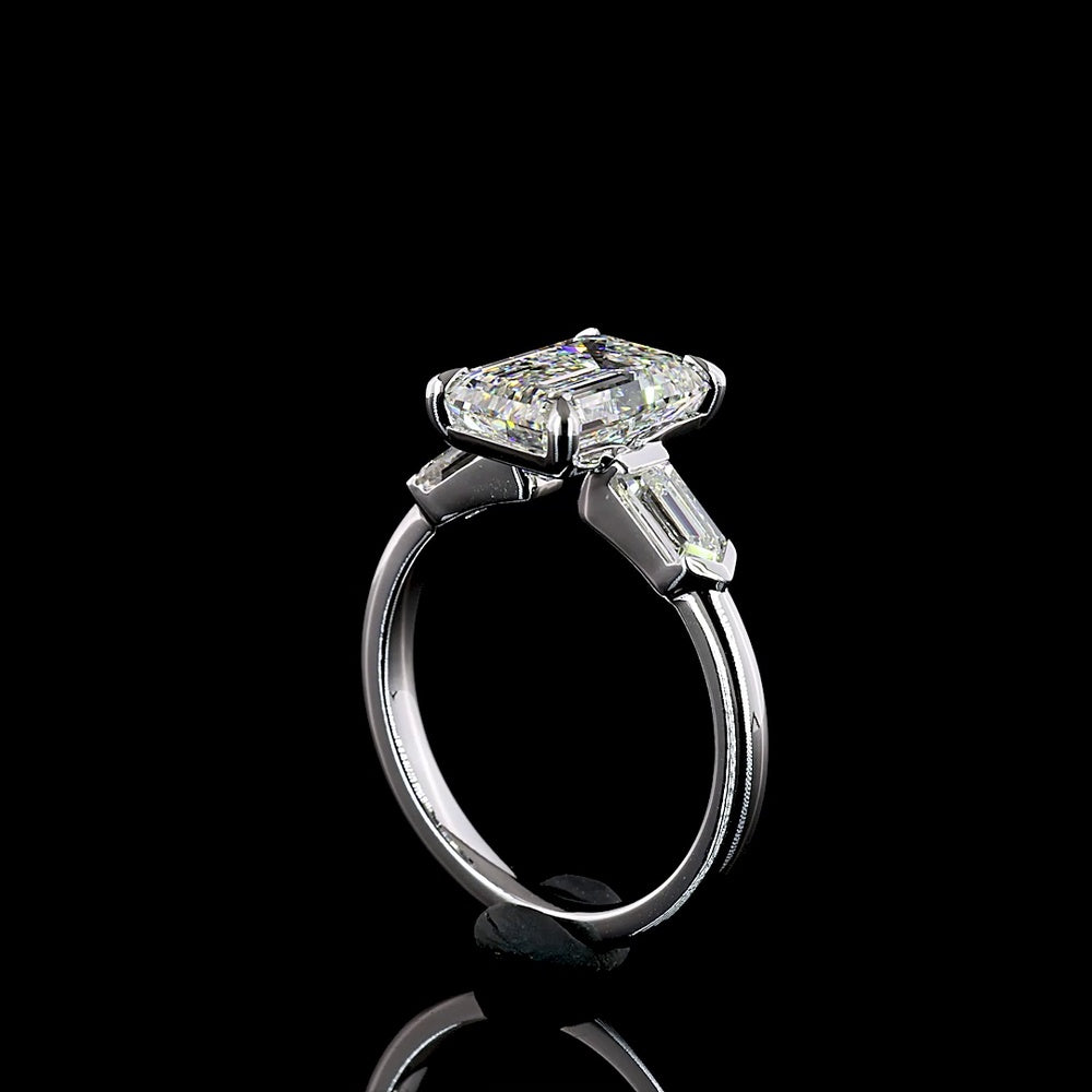 14K White Gold Three Stone Ring with 3.16 Carat Emerald Cut Lab Diamond and Baguette Side Stones - 3.77 Carat Total Diamond Weight - Covaloro Fine Jewelry