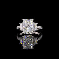 14K White Gold Three Stone Ring with 3.55 Carat Radiant Cut Lab Diamond, Cadillac Cut Side Stones, and Pavé Band - 4.77 Total Carat Weight - Covaloro Fine Jewelry