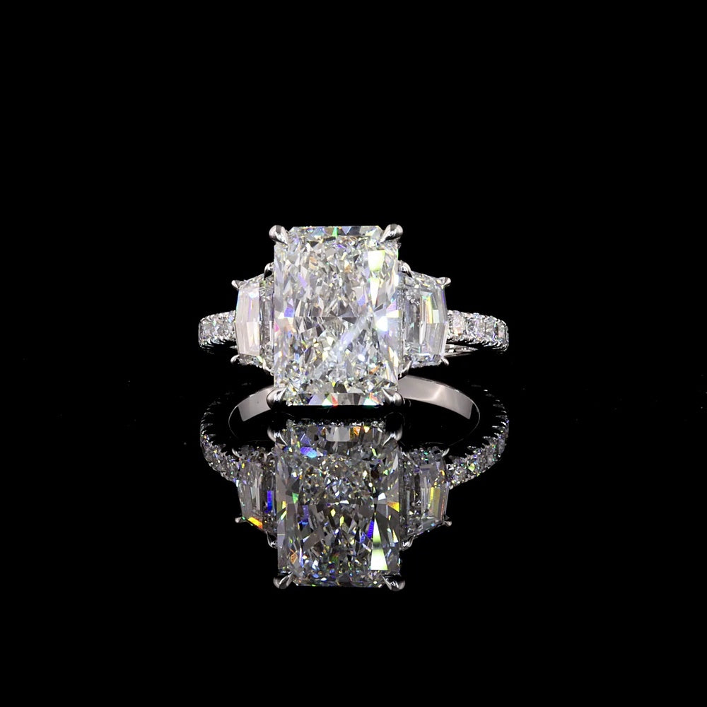 14K White Gold Three Stone Ring with 3.55 Carat Radiant Cut Lab Diamond, Cadillac Cut Side Stones, and Pavé Band - 4.77 Total Carat Weight - Covaloro Fine Jewelry