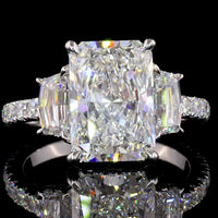 14K White Gold Three Stone Ring with 3.55 Carat Radiant Cut Lab Diamond, Cadillac Cut Side Stones, and Pavé Band - 4.77 Total Carat Weight - Covaloro Fine Jewelry