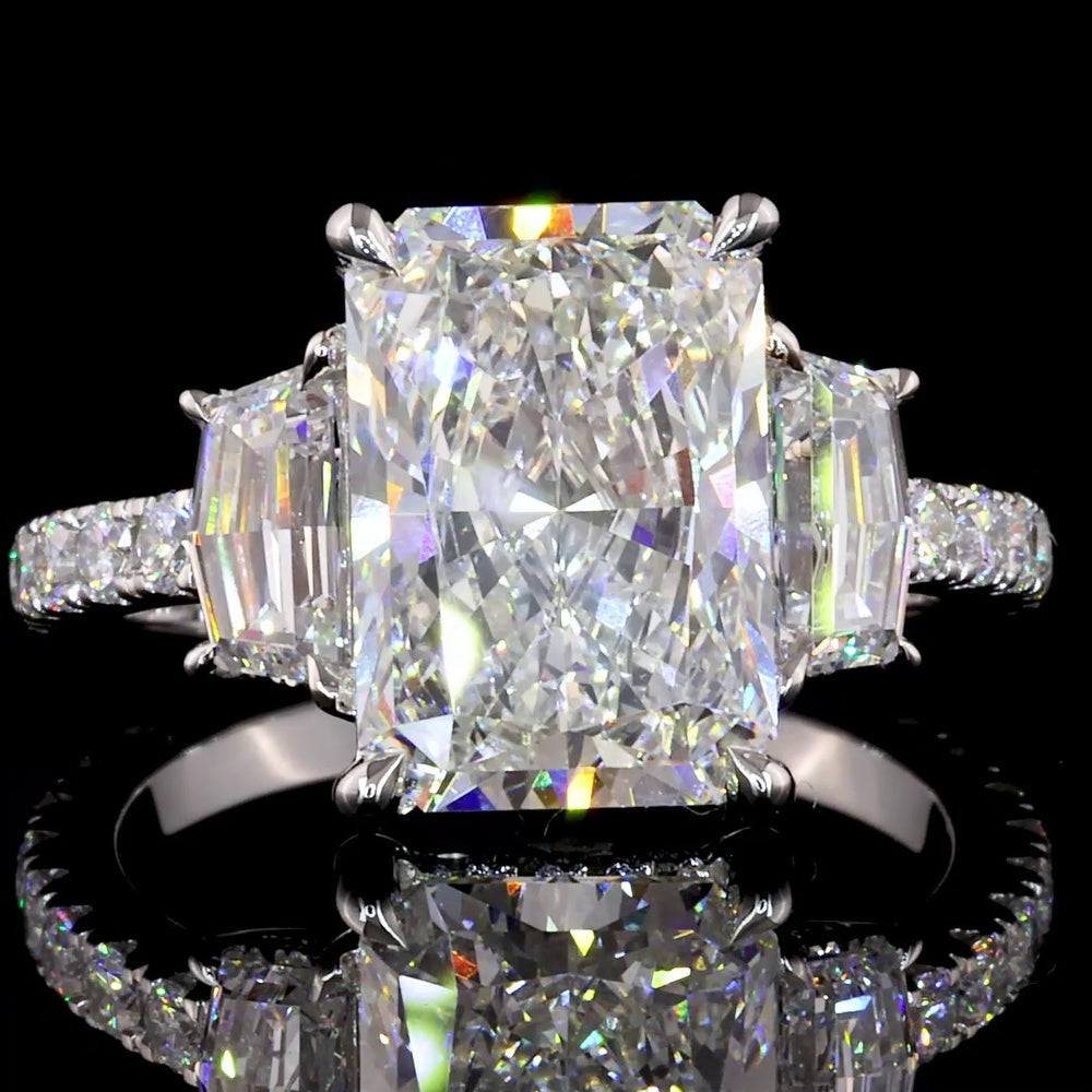 14K White Gold Three Stone Ring with 3.55 Carat Radiant Cut Lab Diamond, Cadillac Cut Side Stones, and Pavé Band - 4.77 Total Carat Weight - Covaloro Fine Jewelry