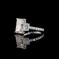 14K White Gold Three Stone Ring with 3.55 Carat Radiant Cut Lab Diamond, Cadillac Cut Side Stones, and Pavé Band - 4.77 Total Carat Weight - Covaloro Fine Jewelry