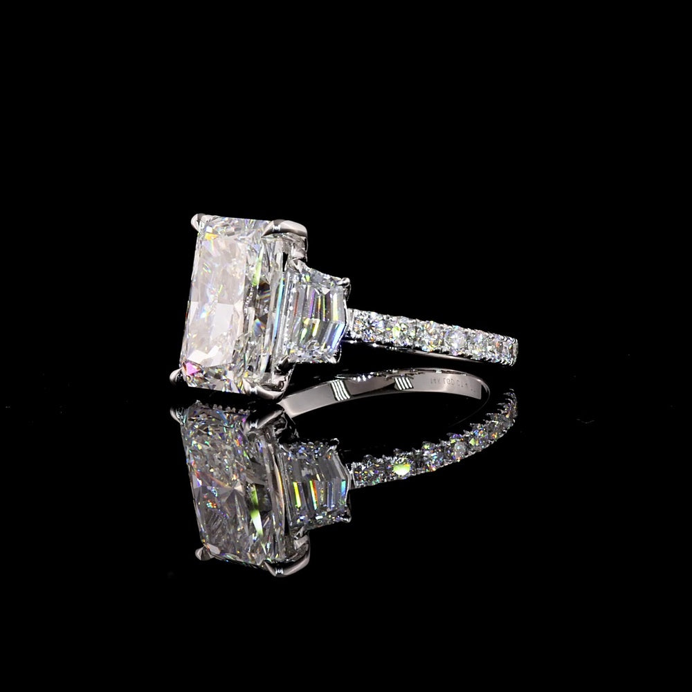 14K White Gold Three Stone Ring with 3.55 Carat Radiant Cut Lab Diamond, Cadillac Cut Side Stones, and Pavé Band - 4.77 Total Carat Weight - Covaloro Fine Jewelry