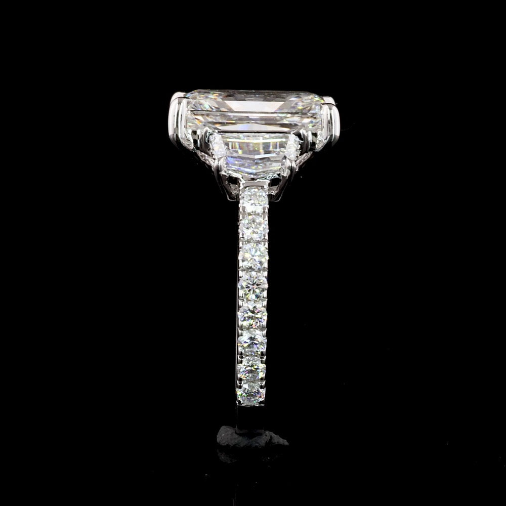 14K White Gold Three Stone Ring with 3.55 Carat Radiant Cut Lab Diamond, Cadillac Cut Side Stones, and Pavé Band - 4.77 Total Carat Weight - Covaloro Fine Jewelry