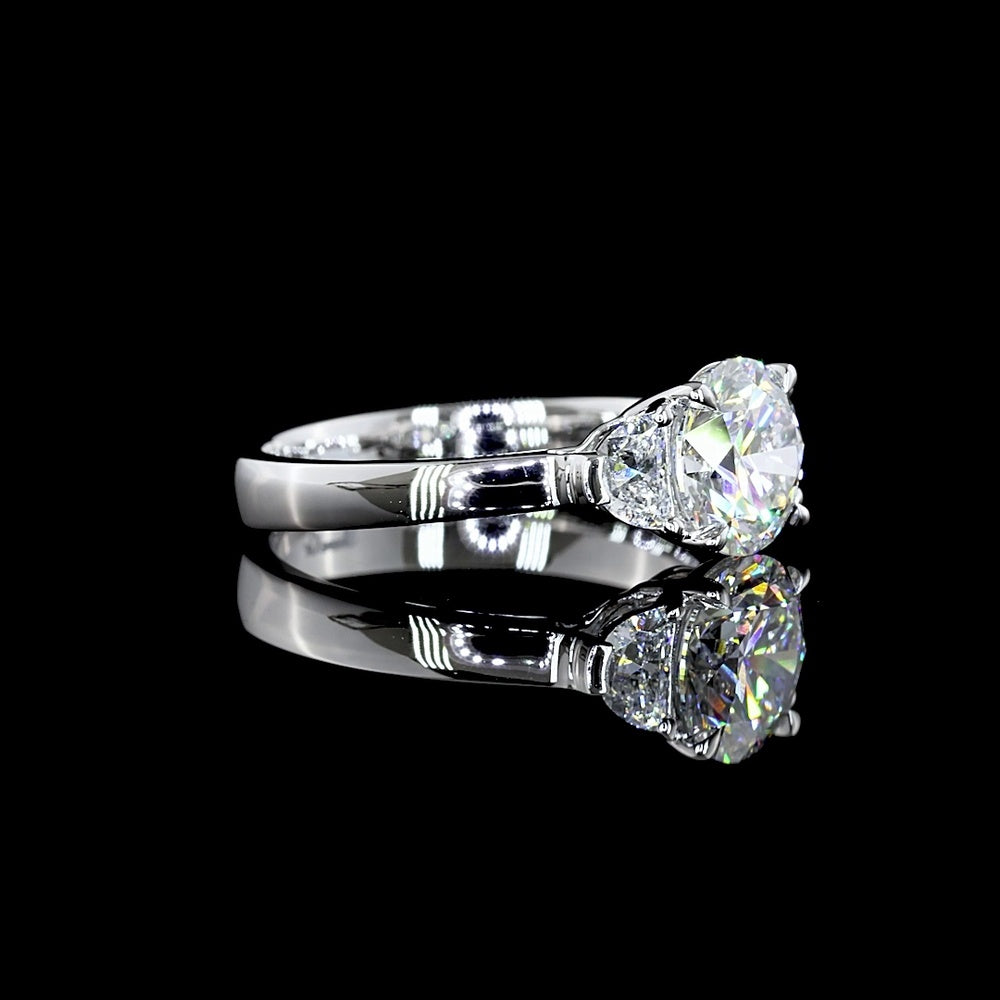 14K White Gold Three Stone Ring with 4.21 Carat Round Brilliant Cut Lab Diamond and 1.03 Carat Half-Moon Lab Diamonds - 5.24 Carat Total Diamond Weight - Covaloro Fine Jewelry
