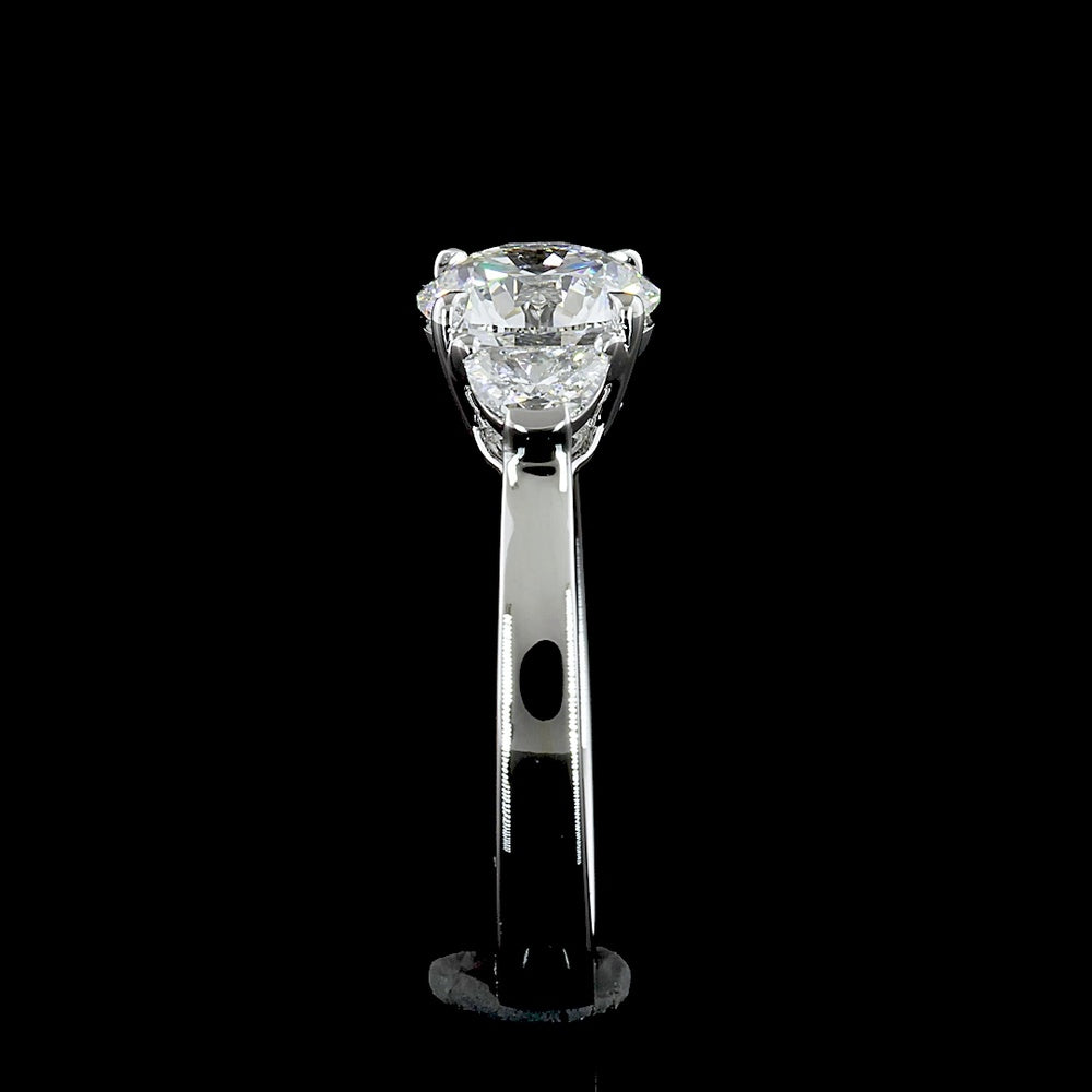 14K White Gold Three Stone Ring with 4.21 Carat Round Brilliant Cut Lab Diamond and 1.03 Carat Half-Moon Lab Diamonds - 5.24 Carat Total Diamond Weight - Covaloro Fine Jewelry