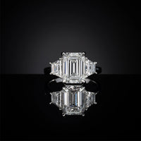 14K White Gold Three Stone Ring with 4.32 Carat Emerald Cut Lab Diamond and 0.79 Carat Trapezoid Side Stones - 5.11 Carat Total Weight, GIA Certified - Covaloro Fine Jewelry