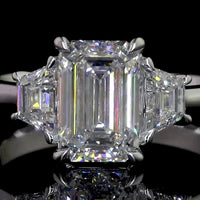 14K White Gold Three Stone Ring with 4.32 Carat Emerald Cut Lab Diamond and 0.79 Carat Trapezoid Side Stones - 5.11 Carat Total Weight, GIA Certified - Covaloro Fine Jewelry