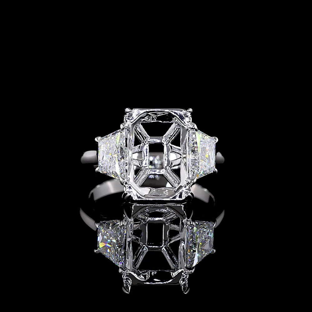 14K White Gold Three Stone Ring with 5.01 Carat Radiant Cut Lab Diamond and 1.38 Carat Trapezoid Side Stones - 6.39 Carat Total Weight - Covaloro Fine Jewelry