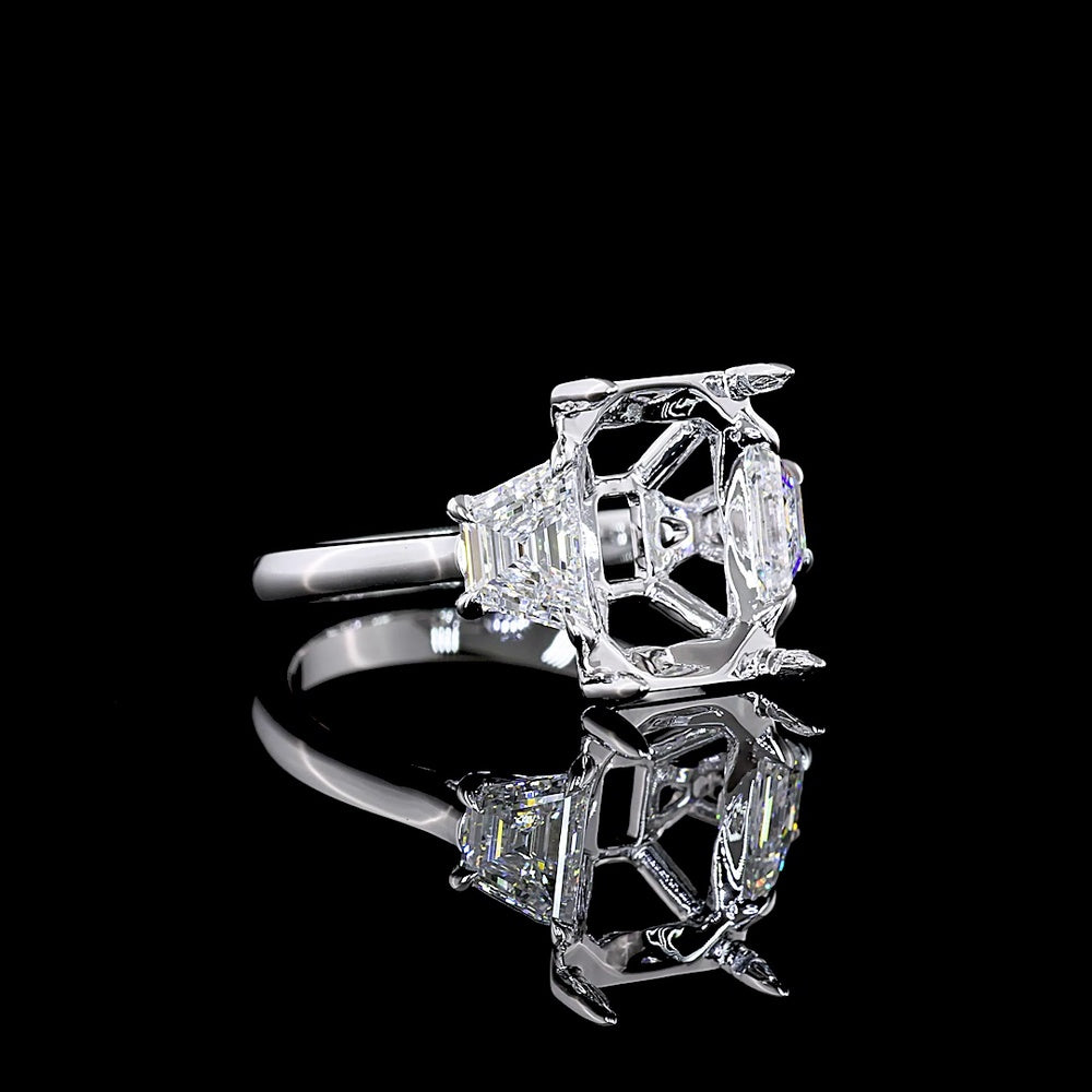 14K White Gold Three Stone Ring with 5.04 Carat Emerald Cut Lab Diamond and 1.28 Carat Trapezoid Cut Side Stones - 6.32 Carat Total Weight, GIA Certified - Covaloro Fine Jewelry
