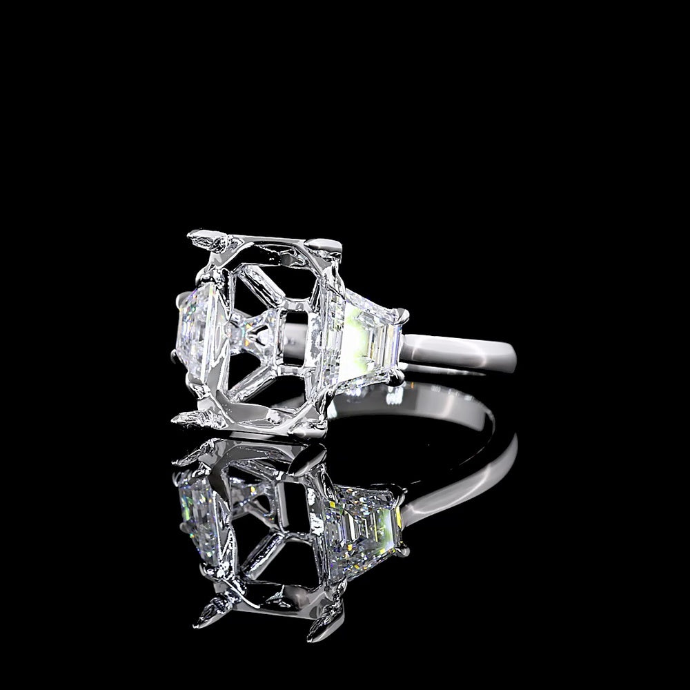 14K White Gold Three Stone Ring with 5.04 Carat Emerald Cut Lab Diamond and 1.28 Carat Trapezoid Cut Side Stones - 6.32 Carat Total Weight, GIA Certified - Covaloro Fine Jewelry