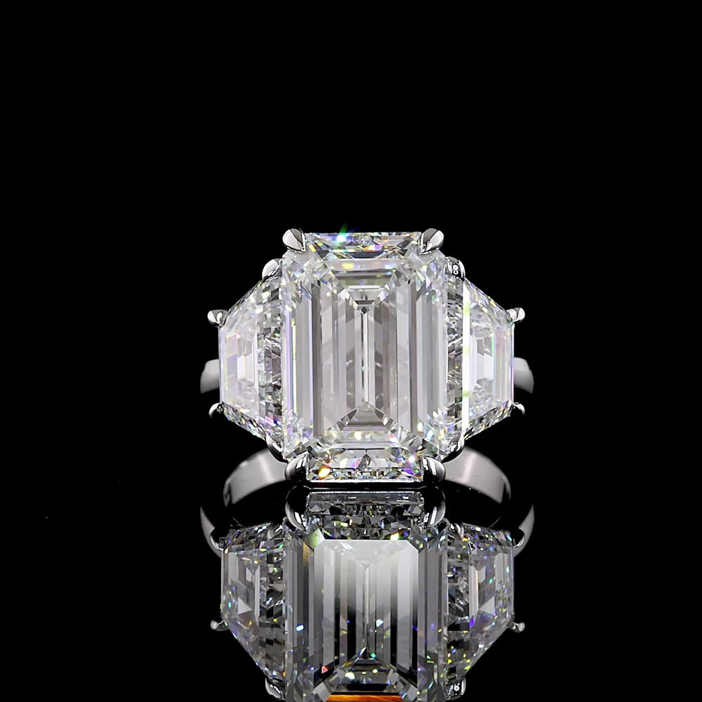14K White Gold Three Stone Ring with 7.01 Carats Emerald Cut Lab Diamond and Trapezoid Side Stones - 10.08 Carats Total Diamond Weight - Covaloro Fine Jewelry
