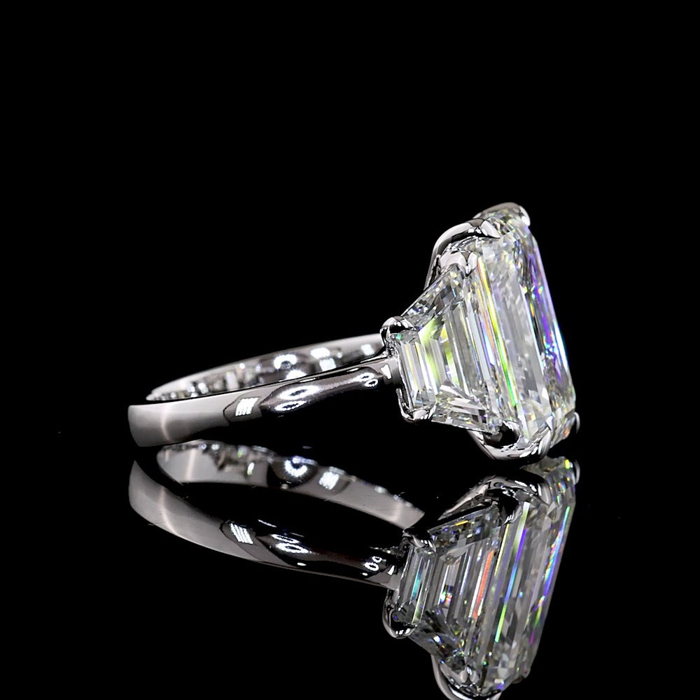 14K White Gold Three Stone Ring with 7.01 Carats Emerald Cut Lab Diamond and Trapezoid Side Stones - 10.08 Carats Total Diamond Weight - Covaloro Fine Jewelry